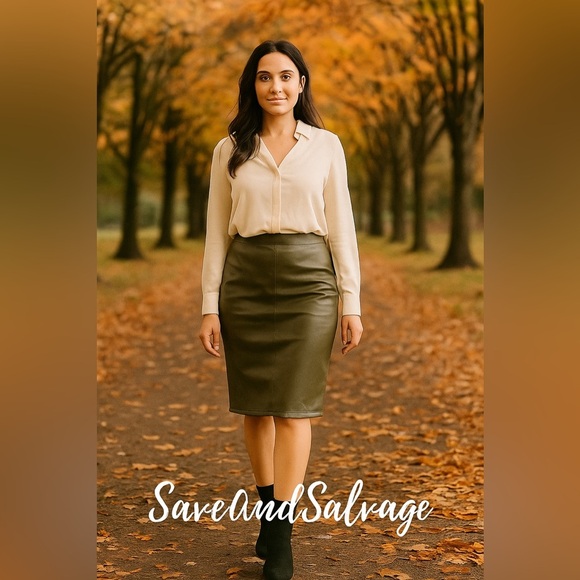 AS by DF Recycled Leather pencil skirt Desert Olive, size Medium - Picture 1 of 15